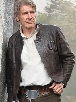A men’s dark brown leather-style jacket with a stand-up collar and chest pockets, inspired by Han Solo.