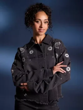 A women’s black denim jacket by Her Universe featuring a glittering rhinestone Darth Vader portrait.