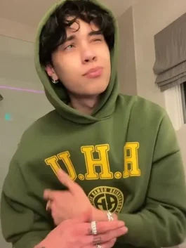 Landon Barker green hoodie front view with a relaxed fit and clean streetwear style.