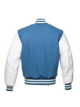 Light Blue and White Varsity Jacket back view showing the clean pastel panels.