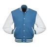 Light Blue and White Varsity Jacket front view with a classic snap-button closure.