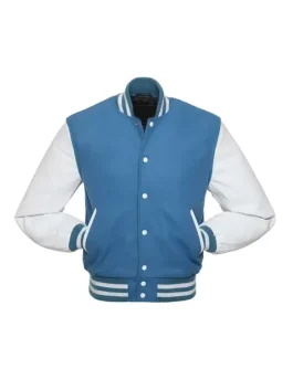 Light Blue and White Varsity Jacket front view with a classic snap-button closure.
