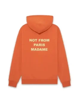 Back view of the Orange Slogan Hoodie worn by Lily Collins in Season 5.