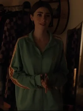 A stylish Green Track Jacket with side stripes worn by Lily Collins in Season 5.