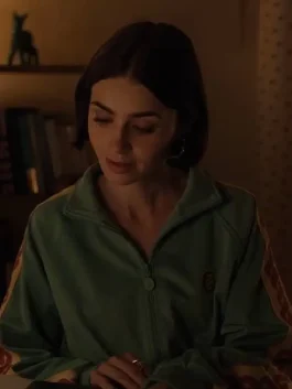 Front view of the Green Track Jacket featuring a classic zipper and striped sleeves.