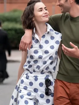 Lily Collins showcasing a trendy polka dots top from the hit series.