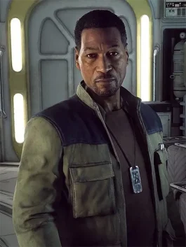 A men’s olive green pilot jacket with grey shoulder panels and a stand-up collar, inspired by Lindon Javes.