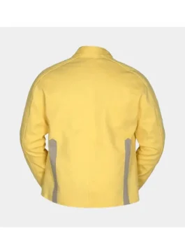A men’s mustard yellow jacket with a sleek collarless design and a black sleeve stripe, inspired by Luke Skywalker.