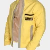 A men’s mustard yellow utility jacket with a stand collar and black racing stripe, inspired by Luke Skywalker.