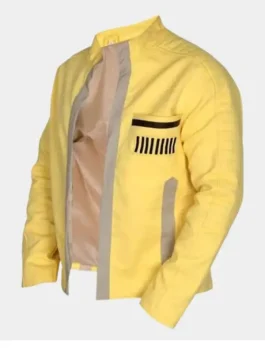 A men’s mustard yellow utility jacket with a stand collar and black racing stripe, inspired by Luke Skywalker.