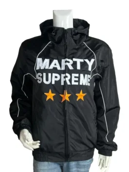 Front view of a black hooded windbreaker jacket with bold text across the chest and three orange stars on the midsection.