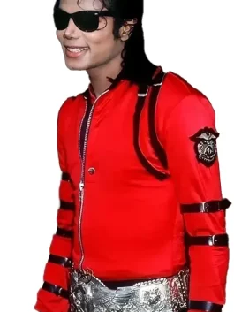 Bad World Tour Michael Jackson Red 1987 Satin Jacket with Multiple Belts on Sleeves