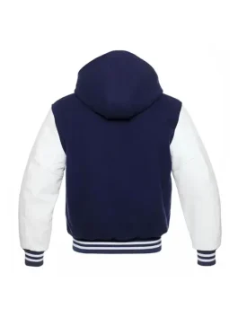 Hooded Varsity Jacket in navy blue and white showing the clean back profile.