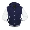Hooded Varsity Jacket front view featuring navy blue panels and a comfortable hood.