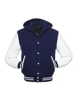 Hooded Varsity Jacket front view featuring navy blue panels and a comfortable hood.