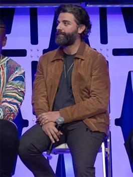 A men’s tobacco brown suede-style jacket with a classic shirt collar and silver-tone button closures.