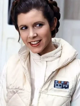A women’s slim-fit cream quilted vest with a stand-up collar, inspired by Princess Leia in Episode V.