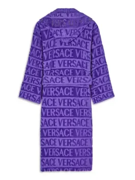 Purple Versace bathrobe style with plush comfort, shawl collar, and waist belt.