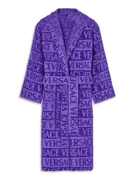 Purple Versace robe style with a luxury look, soft fabric, and belt waist.