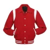 Red And White Leather Varsity Jacket front view with a classic snap-button closure.