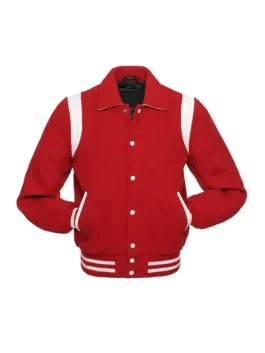 Red And White Leather Varsity Jacket front view with a classic snap-button closure.