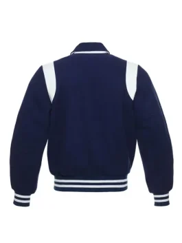 Leather Varsity Jacket back view showing the royal blue torso and white sleeve detailing.