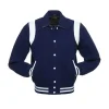 Leather Varsity Jacket in a retro royal blue and white colorway with snap-front buttons.