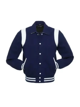 Leather Varsity Jacket in a retro royal blue and white colorway with snap-front buttons.