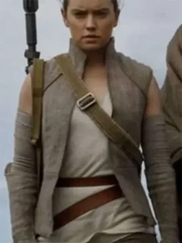 A women’s sleeveless grey vest inspired by Rey’s Star Wars The Last Jedi attire with a cross-over front.