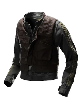 A women’s olive green utility vest with quilted details and a high collar, inspired by Jyn Erso.