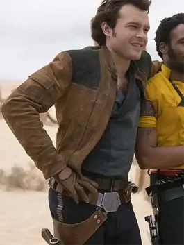 A men’s tobacco brown leather jacket with a stand-up collar and an asymmetrical front, inspired by young Han Solo.