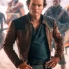 A men’s tailored dark brown leather jacket with a high-neck collar and open-front design, inspired by Han Solo.