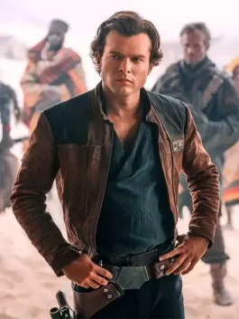 A men’s tailored dark brown leather jacket with a high-neck collar and open-front design, inspired by Han Solo.