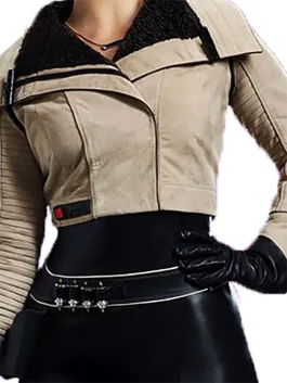 A women’s tailored black jacket with a high structured collar and a sleek fitted waist, inspired by Qira.