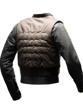 A women’s olive green utility vest with front buckles and a high-neck collar, inspired by Jyn Erso.