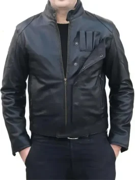 A men’s orange and white pilot flight jacket with quilted padding and squadron insignia patches.