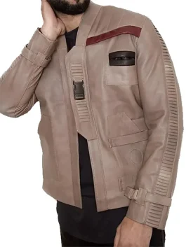 A men’s brown utility jacket with red detailing, inspired by Finn’s attire in Star Wars.