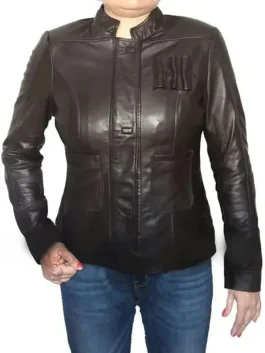 A women's Star Wars Han Solo style utility jacket in navy blue with a collarless neck and cargo pockets.
