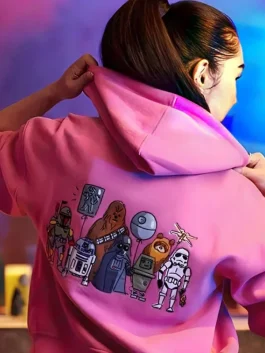 A vibrant pink hooded sweatshirt featuring the classic Star Wars logo across the chest.