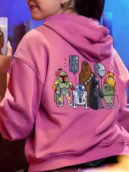 A soft pink fleece pullover hoodie with a white Star Wars logo printed on the chest.