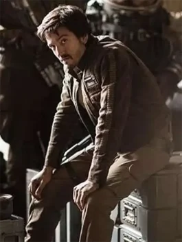 A men’s olive green tactical jacket with a stand collar and Rebel Alliance insignia patches.