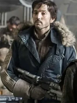 A men’s dark brown hooded parka with a fur trim and technical pockets, inspired by Cassian Andor.