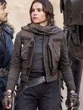 A women’s olive green tactical vest worn over a grey jacket with ribbed sleeves, inspired by Jyn Erso.