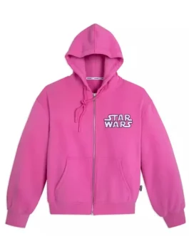 A pink zip-up hoodie featuring unique Artist Series illustrations of Star Wars characters and icons.