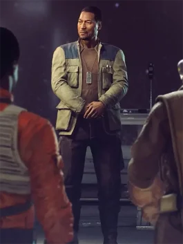 A men’s olive green and grey tactical flight jacket inspired by Lindon Javes from Star Wars: Squadrons.