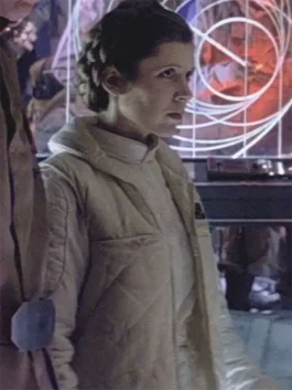 A light beige quilted vest with a sleek high collar, inspired by Carrie Fisher’s role in Episode V.