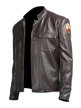 A men’s dark chocolate brown leather-style jacket with a stand collar, inspired by Poe Dameron.
