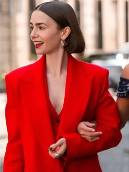 Emily in Paris Season 5 Lily Collins red wool coat with a belted waist.