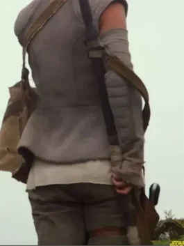 A women’s grey textured vest inspired by Daisy Ridley’s costume in The Last Jedi, featuring a wrap front.