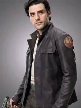 A men’s deep brown pilot jacket with a structured stand-up collar, inspired by Poe Dameron.